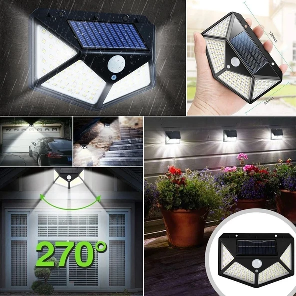 100 Ledli 3 Farklı Aydınlatma Ayarlı Solar Güneş Enerjili Hareket Sensörlü Bahçe Duvar Lambası - Resim 2