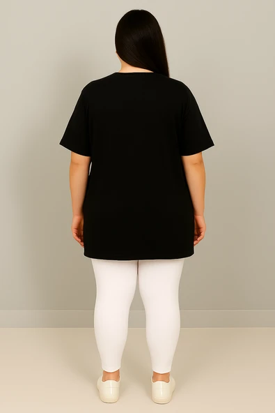 Kadın Büyük Beden Kısa Kollu Bisiklet Yaka Basic Oversize T-shirt 1977-25 - 4