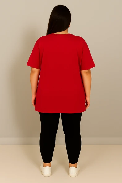 Kadın Büyük Beden Kısa Kollu Bisiklet Yaka Basic Oversize T-shirt 1977-25 - 7