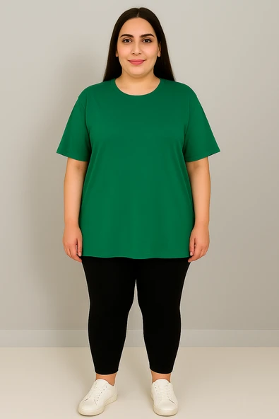 Kadın Büyük Beden Kısa Kollu Bisiklet Yaka Basic Oversize T-shirt 1977-25 - 12
