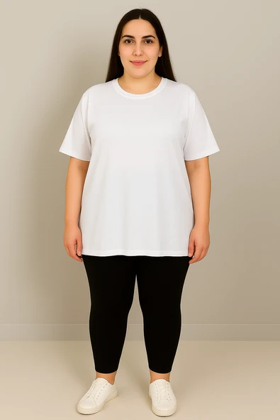 Kadın Büyük Beden Kısa Kollu Bisiklet Yaka Basic Oversize T-shirt 1977-25 - 9