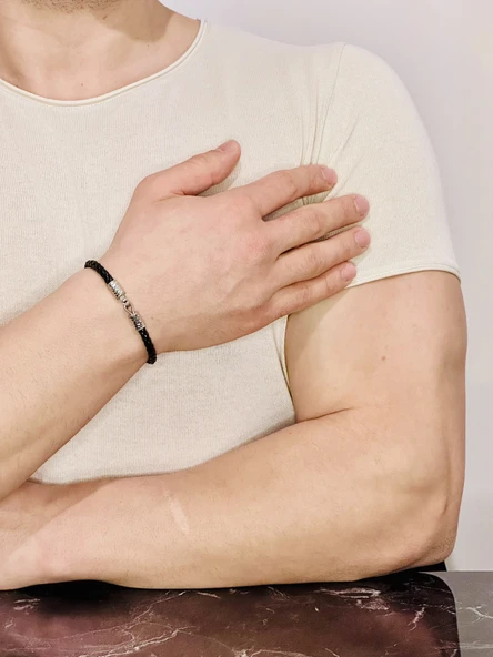 Erkek Bileklik, Şık Deri Kordon, Gümüş Altın Kaplama Bileklik ürün görseli