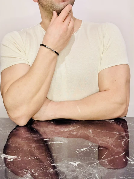 Erkek Bileklik, Şık Deri Kordon, Gümüş Altın Kaplama Bileklik - Resim 3