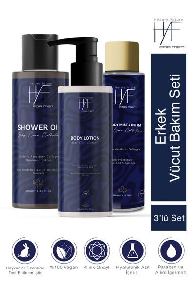 History And Future Erkek 3'lü Vücut Bakım Seti:temizleyici Duş Jeli Canlandırıcı Vücut Losyonu İntim Temizleyici Sprey
