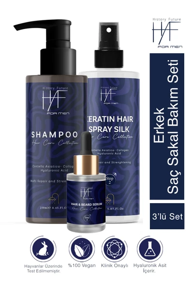 History And Future Erkek 3'lü Saç Sakal Bakım Seti:dökülme Karşıtı Şampuan Keratin Saç Spreyi Saç Sakal Serumu