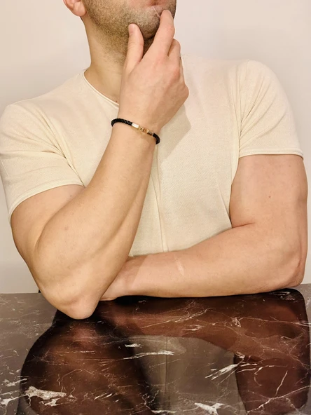 Erkek Bileklik, Kancalı Model Şık Deri Kordon, Gümüş Rose Altın Kaplama Bileklik - Resim 3