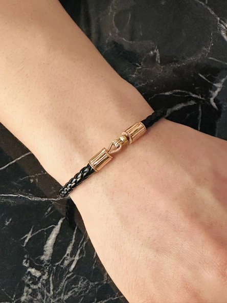 Erkek Bileklik, Kancalı Model Şık Deri Kordon, Gümüş Rose Altın Kaplama Bileklik - Resim 2