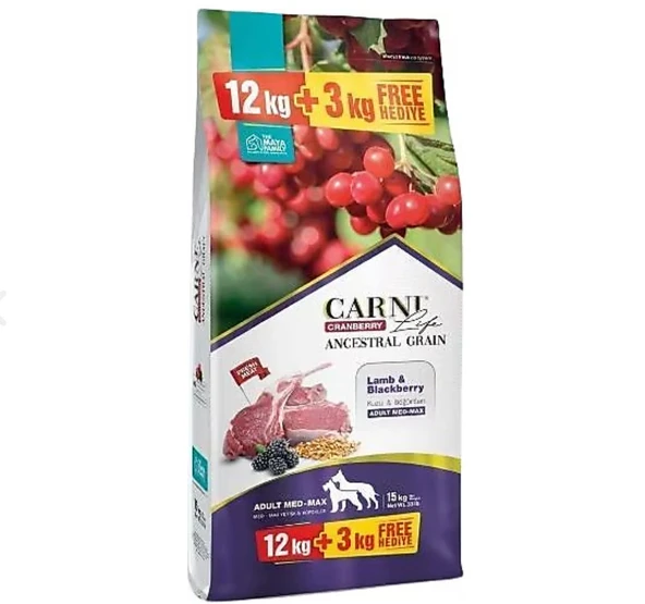 Carni Life Düşük Tahıllı Kuzu Etli Boğurtlenli Orta Büyük Irk Köpek Maması 12+3 Kg ürün görseli