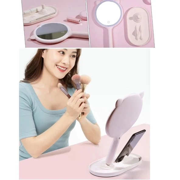 İpek Yıldızı® Kedi Kulaklı Telefon Standlı Yuvarlak Dokunmatik Led Ayarlı Masa Üstü Makyaj Aynası - Resim 4