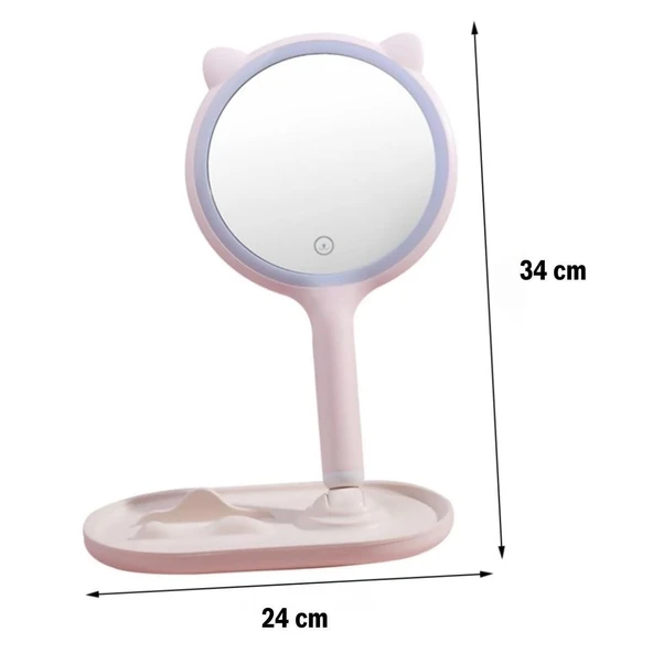 İpek Yıldızı® Kedi Kulaklı Telefon Standlı Yuvarlak Dokunmatik Led Ayarlı Masa Üstü Makyaj Aynası - Resim 3
