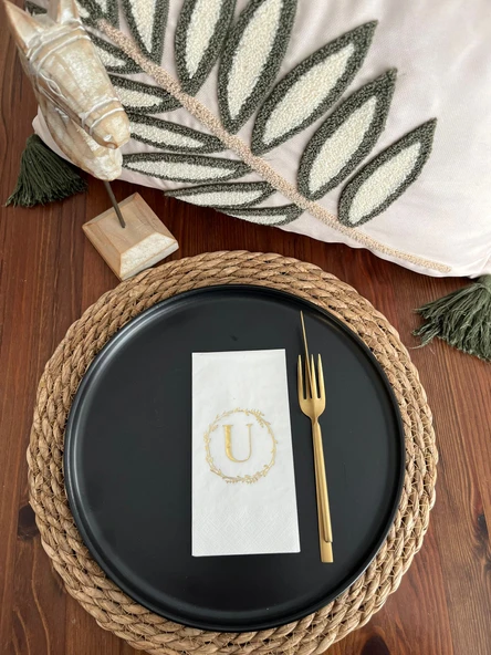 Gold Yaldızlı Beyaz Çelenkli U Harfi Garson Peçete 16 Adet ürün görseli 1