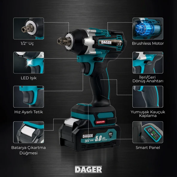 Dager BLAST 21V Kömürsüz Akülü Darbeli Somun Sıkma Makinesi - Çift 3.0Ah Akü + Mandren + Lokma + 45 Parça Full Set - 450 Nm Tork - 9