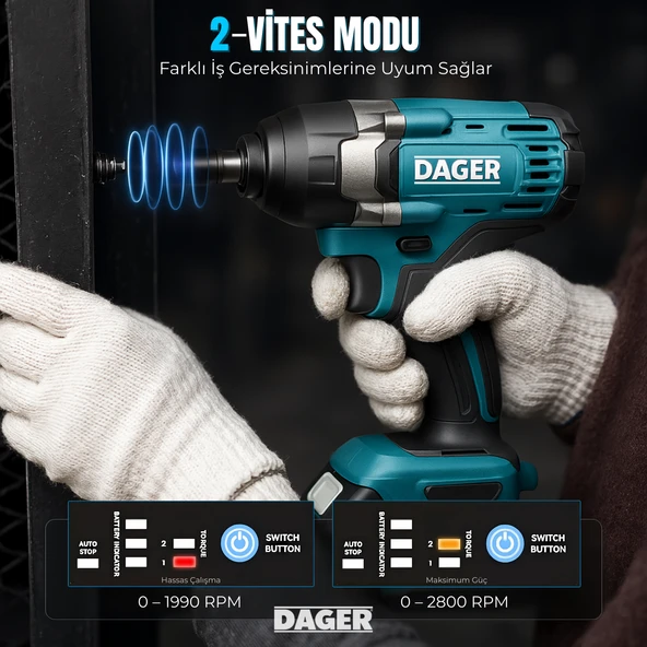 Dager BLAST 21V Kömürsüz Akülü Darbeli Somun Sıkma Makinesi - Çift 3.0Ah Akü + Mandren + Lokma + 45 Parça Full Set - 450 Nm Tork - 6