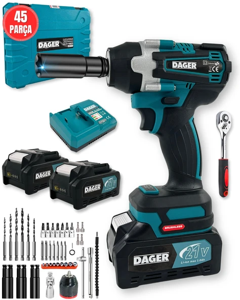 Dager BLAST 21V Kömürsüz Akülü Darbeli Somun Sıkma Makinesi - Çift 3.0Ah Akü + Mandren + Lokma + 45 Parça Full Set - 450 Nm Tork