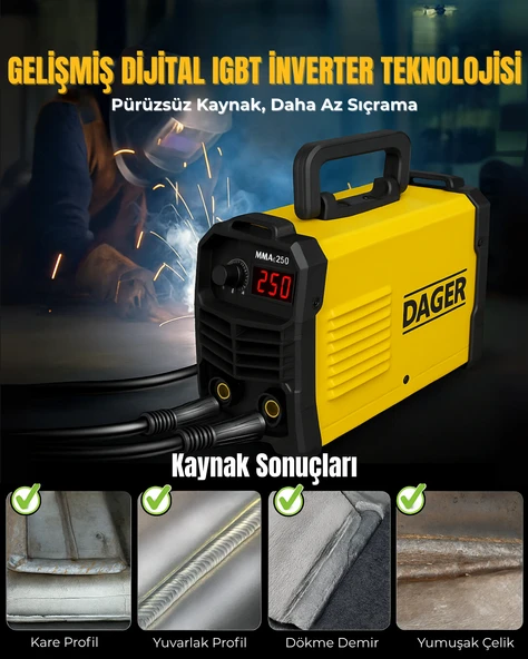Dager MMA250 250 Amper Inverter Mini Çanta Kaynak Makinesi Seti - IGBT - Dijital Ekran - Elektrod + Maske + Eldiven - 4