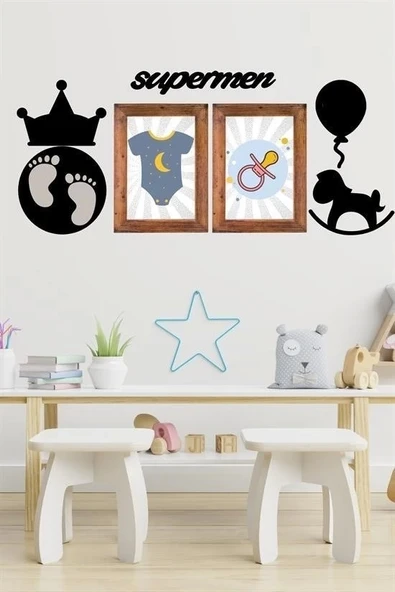 İpek Yıldızı® DECO103 Supermen Dekoratif Duvar Süsü Tablo Aksesuar Ahşap Tasarım Hediye Pano Sticker Seti - 8