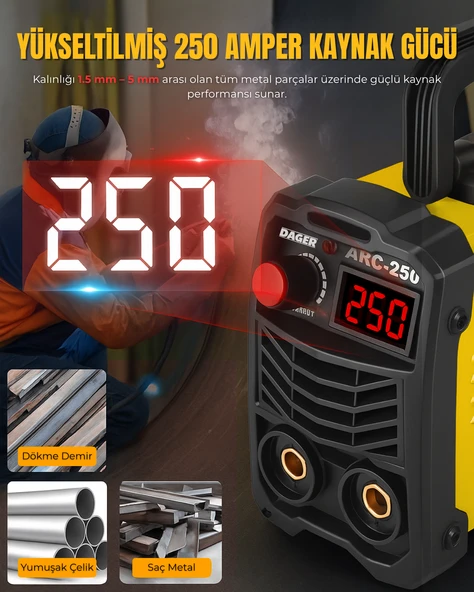 Dager MMA250 250 Amper Inverter Mini Çanta Kaynak Makinesi Seti - IGBT - Dijital Ekran - Elektrod + Maske + Eldiven - 2