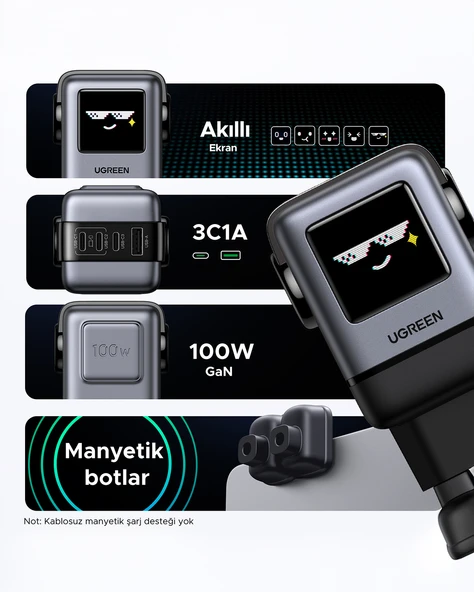 UGREEN Nexode Uno 100W Robot GaN Hızlı Şarj Cihazı 3xUSB-C, 1xUSB-A, Gri, 45515B - 6