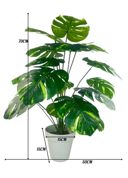 Yapay Çiçek Salon Bitkisi Monstera Tropik Desenli  70cm 18 Yaprak Antrasit Krem Saksıda - Resim 5