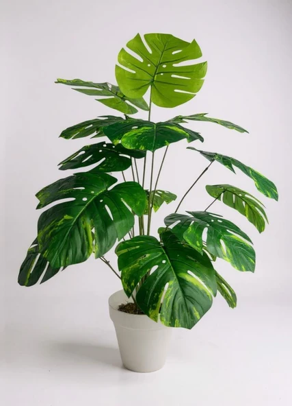 Yapay Çiçek Salon Bitkisi Monstera Tropik Desenli  70cm 18 Yaprak Antrasit Krem Saksıda ürün görseli