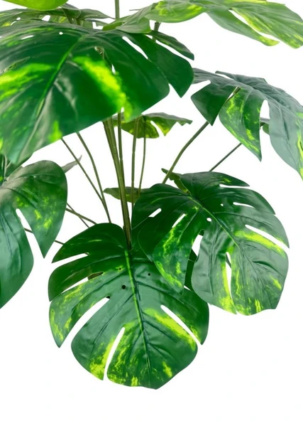 Yapay Çiçek Salon Bitkisi Monstera Tropik Desenli  70cm 18 Yaprak Antrasit Krem Saksıda - Resim 4