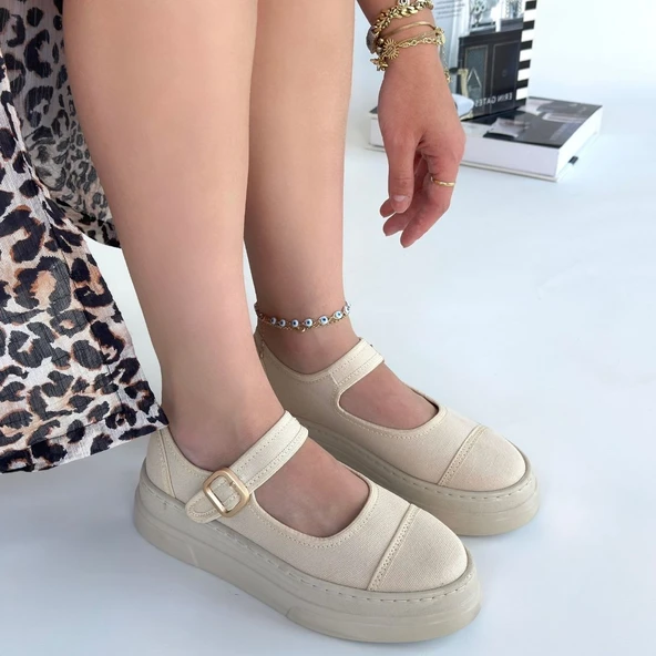 Pabucmarketi Bej Keten Tokalı Kadın Günlük Ayakkabı - Resim 4