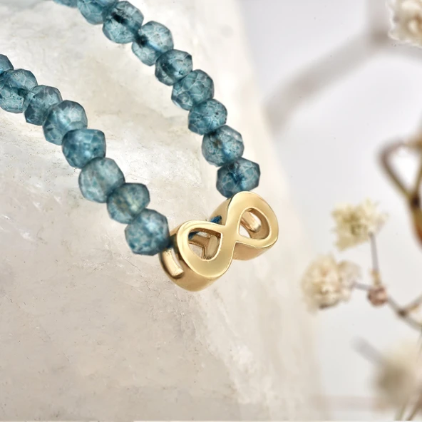 14 Ayar Altın Kaplama Neon Apatite Doğal Taşlı Sonsuzluk Gümüş Bileklik - BGS00106 - Resim 5