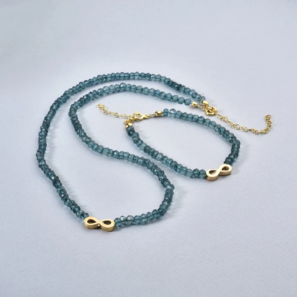 14 Ayar Altın Kaplama Neon Apatite Doğal Taşlı Sonsuzluk Gümüş Bileklik - BGS00106 - Resim 6