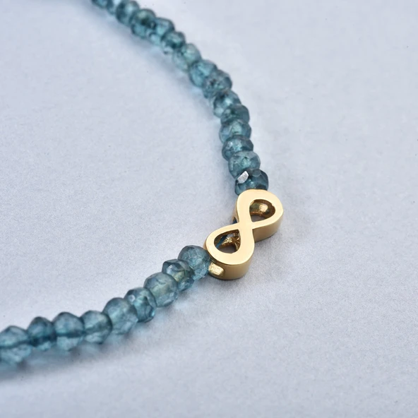 14 Ayar Altın Kaplama Neon Apatite Doğal Taşlı Sonsuzluk Gümüş Bileklik - BGS00106 - Resim 4