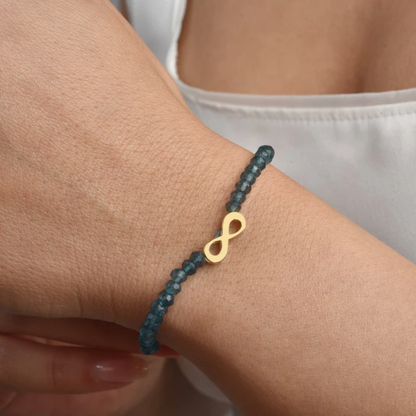 14 Ayar Altın Kaplama Neon Apatite Doğal Taşlı Sonsuzluk Gümüş Bileklik - BGS00106 - Resim 2