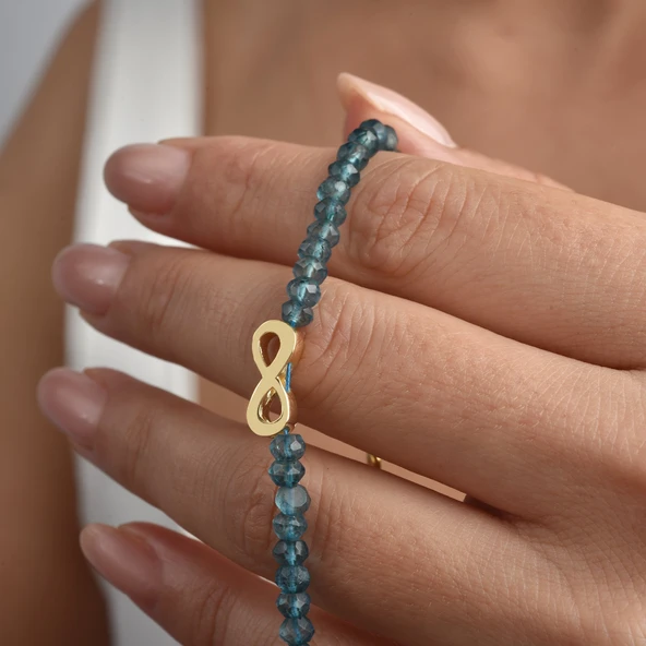 14 Ayar Altın Kaplama Neon Apatite Doğal Taşlı Sonsuzluk Gümüş Bileklik - BGS00106 ürün görseli 1