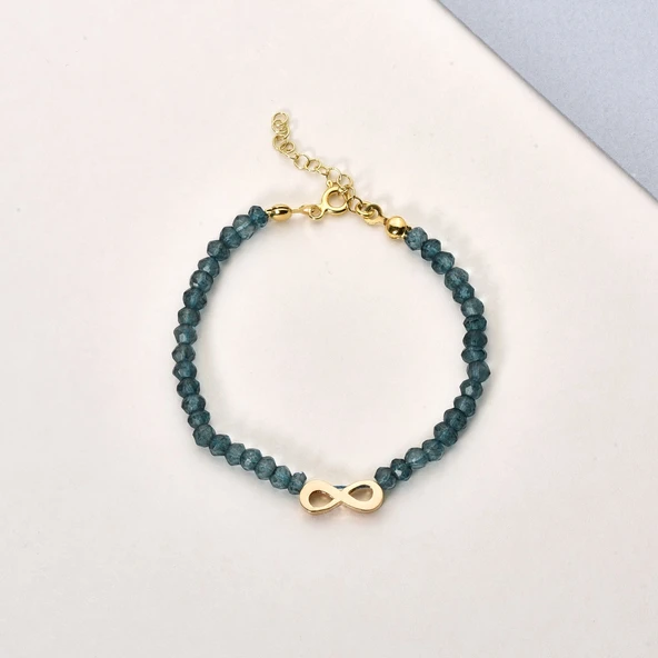 14 Ayar Altın Kaplama Neon Apatite Doğal Taşlı Sonsuzluk Gümüş Bileklik - BGS00106 - Resim 3