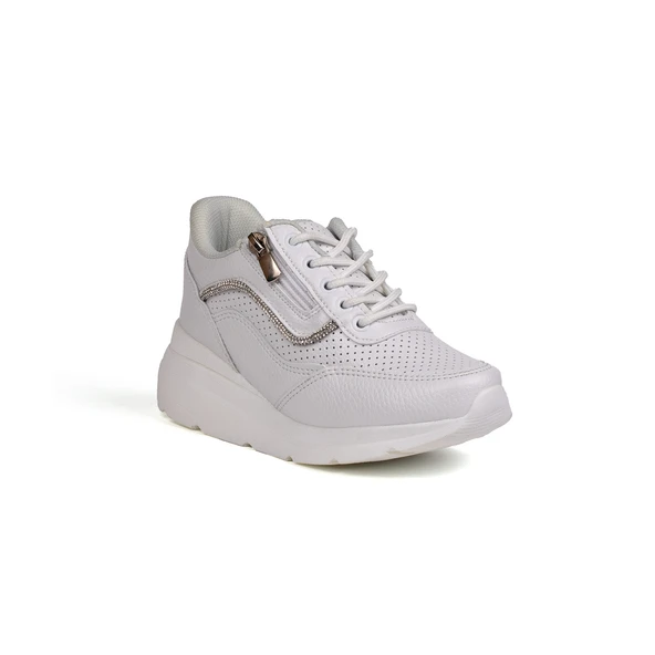 Kız Çocuk Beyaz Fermuarlı Bağcıklı Taşlı Sneaker Dolgu Taban Rahat Spor Ayakkabı - 3
