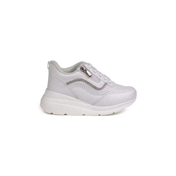 Kız Çocuk Beyaz Fermuarlı Bağcıklı Taşlı Sneaker Dolgu Taban Rahat Spor Ayakkabı - 4
