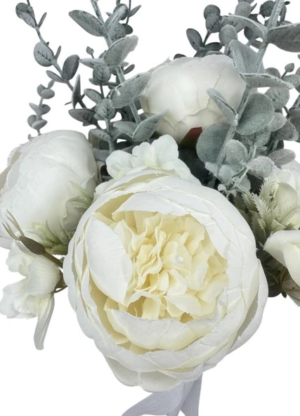 Yapay Çiçek Gelin Çiçeği Beyaz Şakayık Ve Okaliptus Gelin Buketi - 4