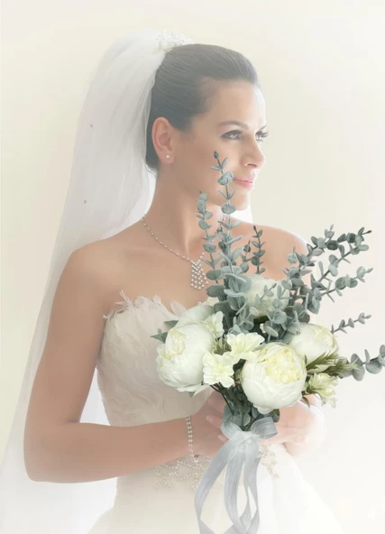 Yapay Çiçek Gelin Çiçeği Beyaz Şakayık Ve Okaliptus Gelin Buketi - 7