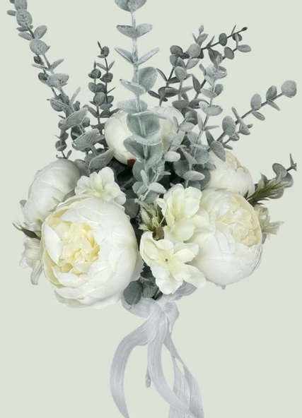 Yapay Çiçek Gelin Çiçeği Beyaz Şakayık Ve Okaliptus Gelin Buketi - 2
