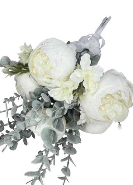 Yapay Çiçek Gelin Çiçeği Beyaz Şakayık Ve Okaliptus Gelin Buketi - 6