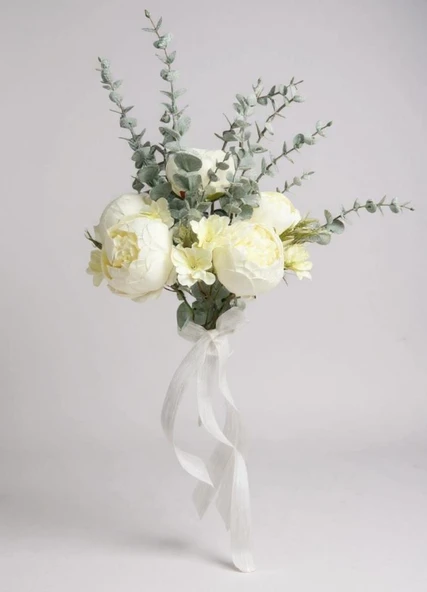 Yapay Çiçek Gelin Çiçeği Beyaz Şakayık Ve Okaliptus Gelin Buketi