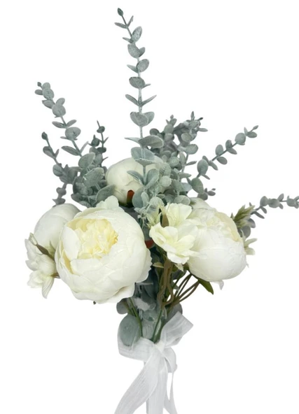 Yapay Çiçek Gelin Çiçeği Beyaz Şakayık Ve Okaliptus Gelin Buketi - 3