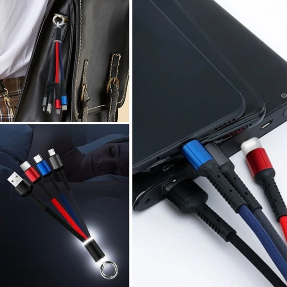İpek Yıldızı® Işıklı Anahtarlık Model 3 in 1 USB Çıkışlı MİKRO,TYPE-C ve İphone Uyumlu Şarj Kablosu ürün görseli 1