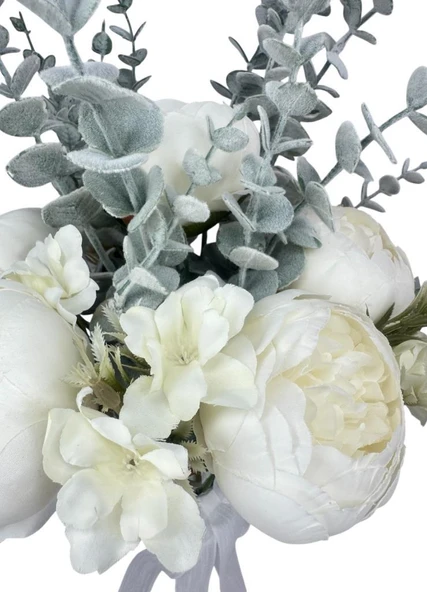 Yapay Çiçek Gelin Çiçeği Beyaz Şakayık Ve Okaliptus Gelin Buketi - 5