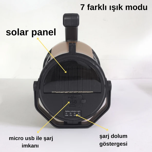 Güneş Enerjili, 7 Farklı Moda Sahip 10W LED Aydınlatma Solar Panelli Acil Durum  El Feneri - Resim 4