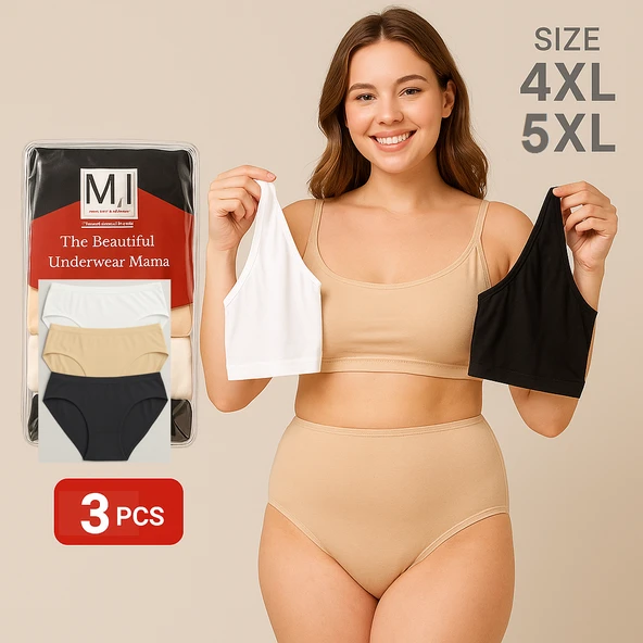 Kadın Külot Büyük Beden 3'lü Paket Yüksek Bel 1. Kalite 4XL ve 5XL (BEYAZ - SİYAH - TEN)