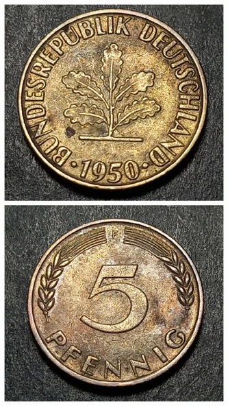 Escoines 39963689901fd6ff99 1950 Almanya 5 Pfennig çt Pirinç kaplamalı çelik para ürün görseli 1