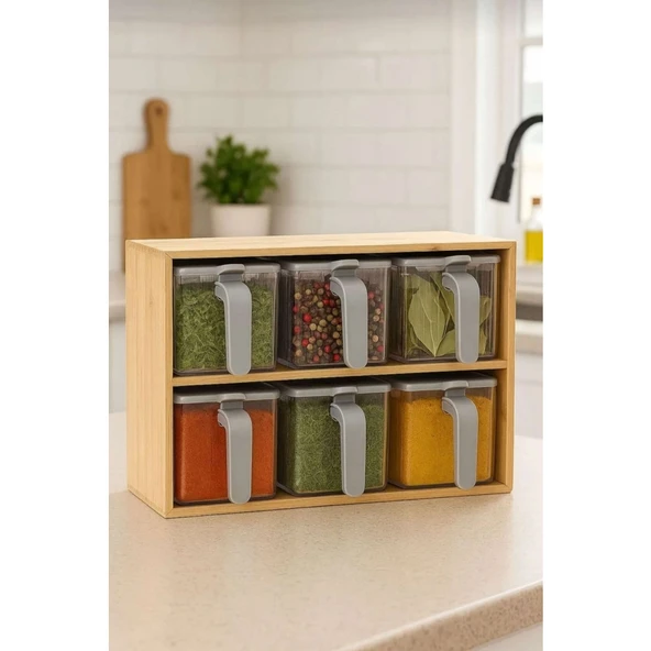 Piev Bambu Standlı Bölmeli  Kapaklı Ve Kaşıklı 6 Lı Şeffaf Baharatlık - 1