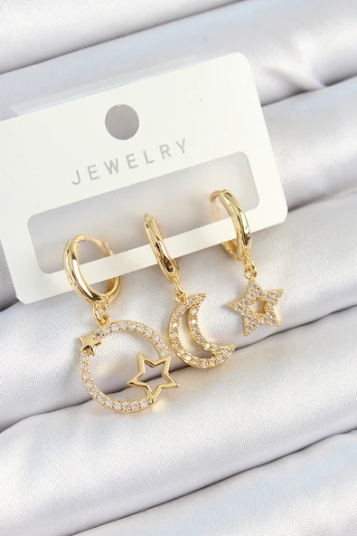Pirinç Zirkon Taşlı Yıldız Ve Ay Model Gold Renk 3 lü Çift Kadın Küpe Set - 1