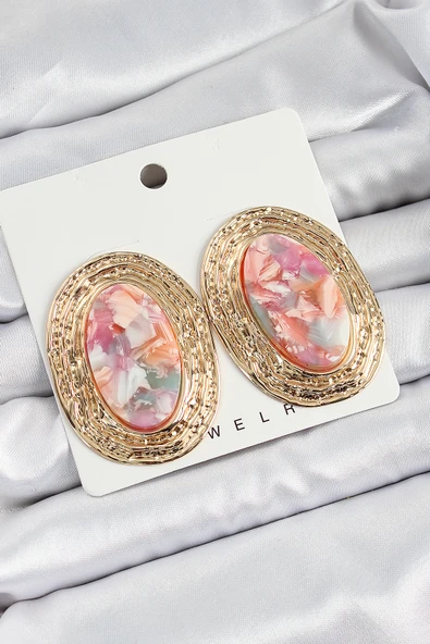 Pirinç Mermer Desenlli Pembe Sedef Oval Vintage Model Gold Renk Kadın Küpe - 1
