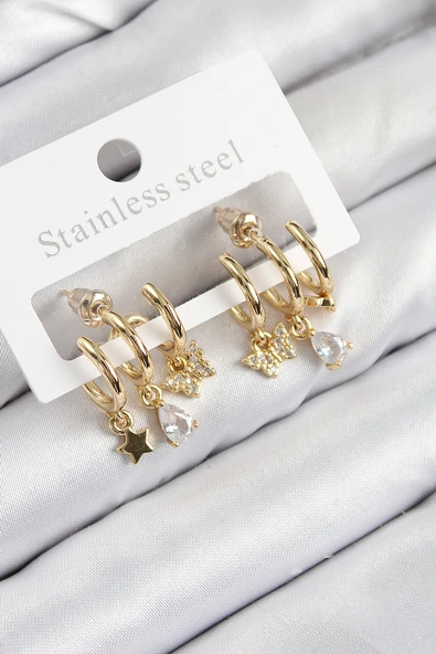 Pirinç Zirkon Taşlı Yıldız Ve Kelebek Model Gold Renk Kadın Küpe - 1