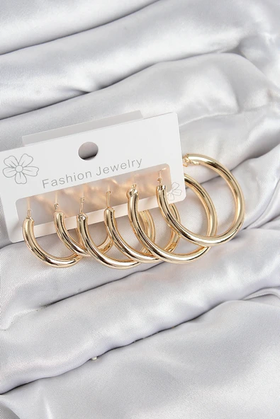 Pirinç Halka Model Gold Renk Kadın Set Küpe - 1